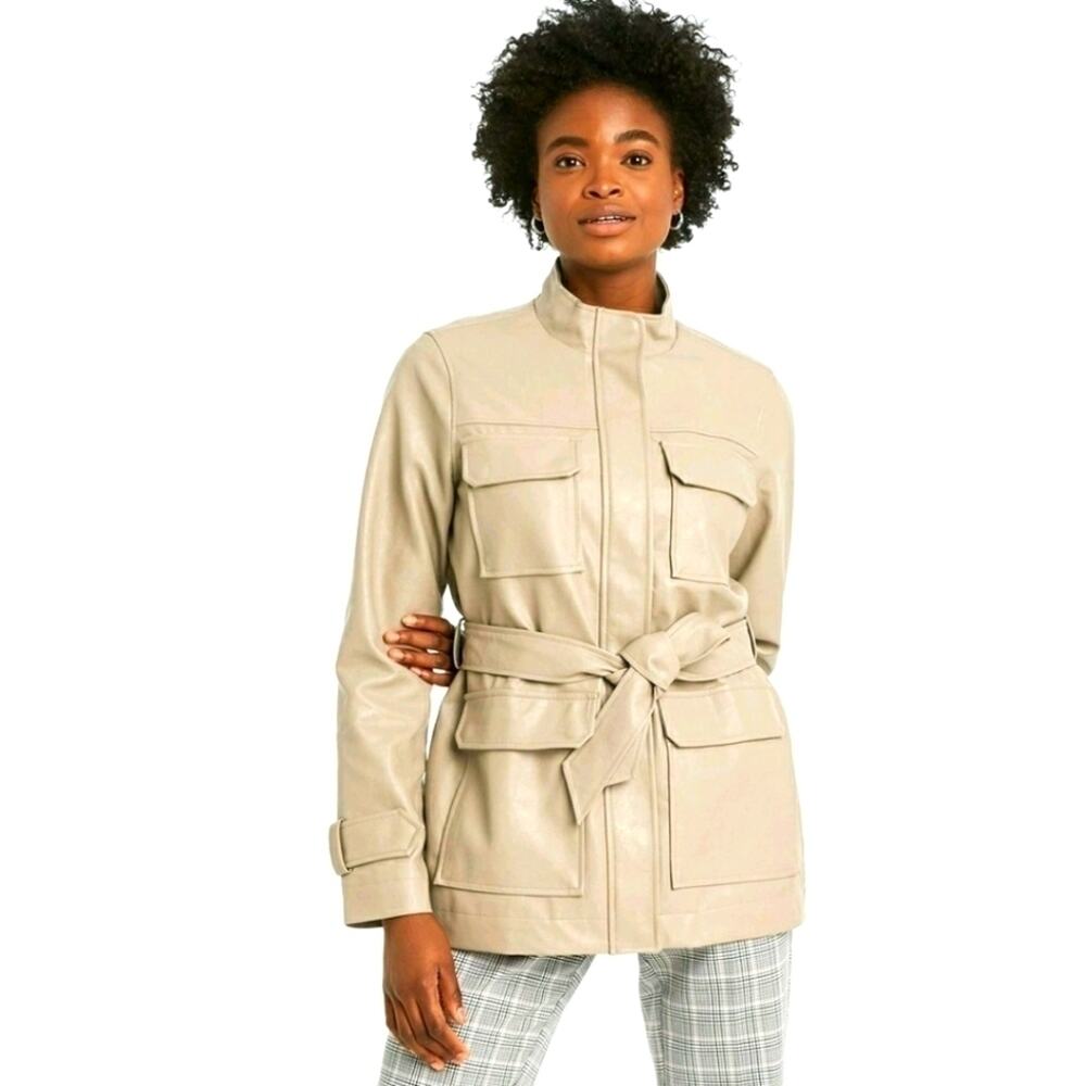 A New Day Faux Leather Belted Anorak Neutral Jacket Weather Resistant LG NEW